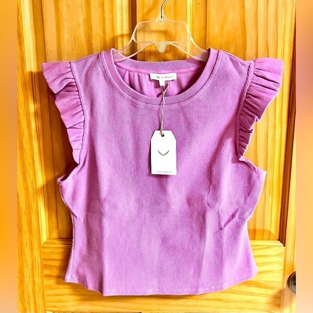 Free The Roses Lilac Ruffle Blouse Anthropologie NWT Large Ribbed Knit Purple